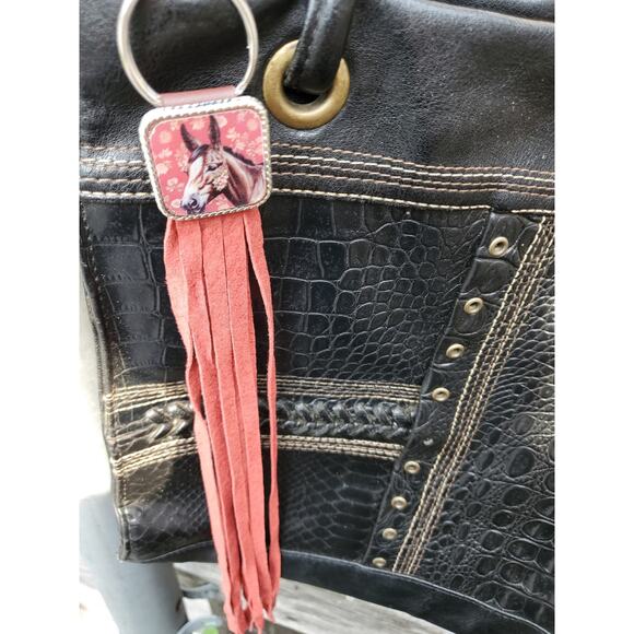 Handmade mule lover boho Leather Fringe Western bag charm, Long fringe keychain - Picture 4 of 5